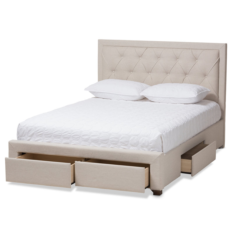 Lit plateforme tapissier avec rangement Aurelie, Grand, Beige