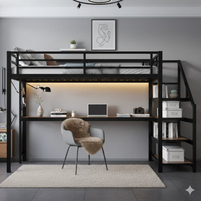 Queen-Sized Loft Bed Featuring An Integrated Desk And Storage Staircase. Constructed From Metal, Includes LED Lights, USB Ports, Multifunctional Iron Nets, Requires No Box Spring, And Operates Quietly, In Black.
