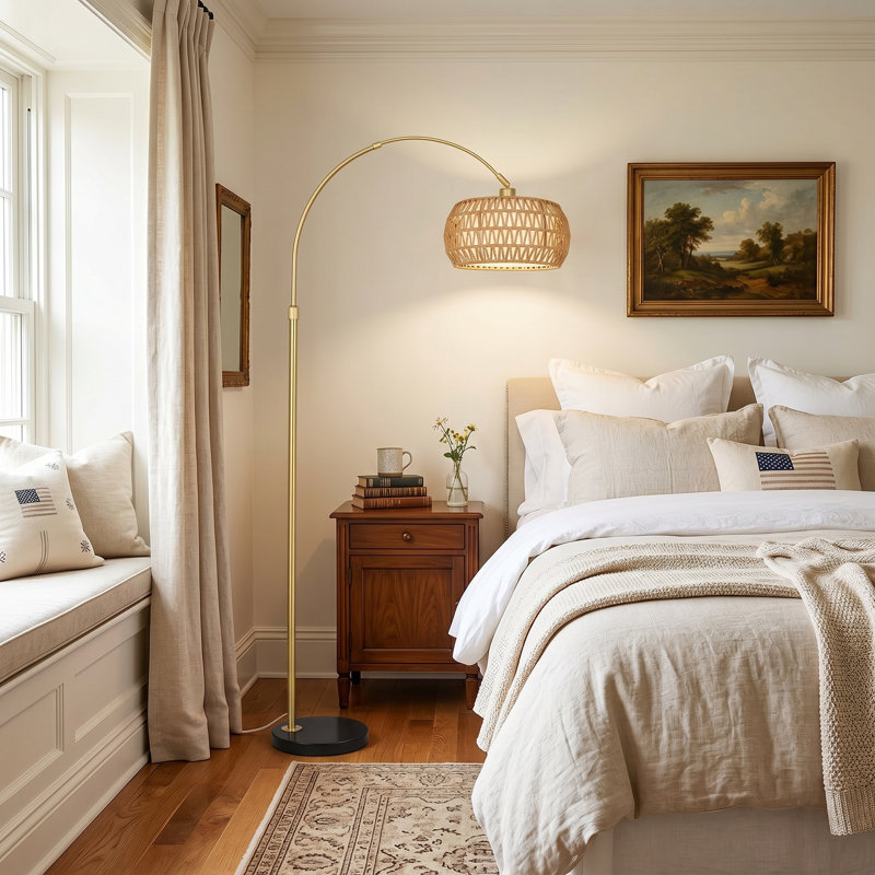 Lampes sur pied dorées pour le salon, lampe sur pied à arc avec télécommande et ampoule à intensité variable, lampe sur pied en rotin Boho avec 3 températures de couleur, lampe haute réglable en hauteur pour la chambre à coucher, lampe de lecture sur canapé