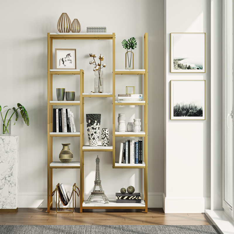 Étagère à livres géométrique H 71 po x l 38,6 po Bashein, Marbre blanc /Or