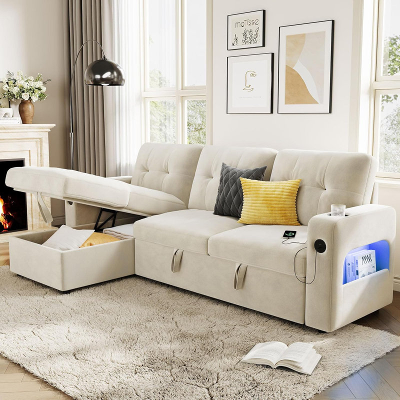 Canapé-lit modulaire avec rangement en L 84 po, DEL et chargement, beige
