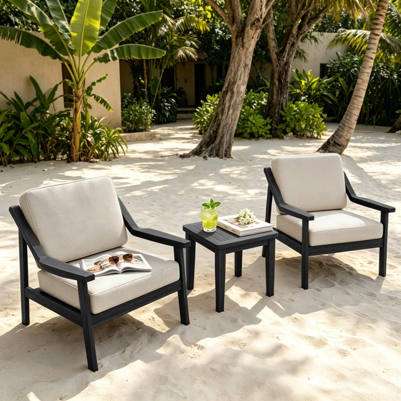Marlo Teak Outdoor Two-person Patio Set With Cushions And Side Table, Light Camel, Black