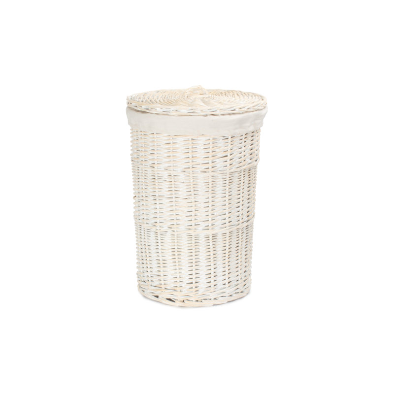 Wicker Round Laundry Hamper Basket with Lining, 50" H x 33" W x 33" D, White Wash/White