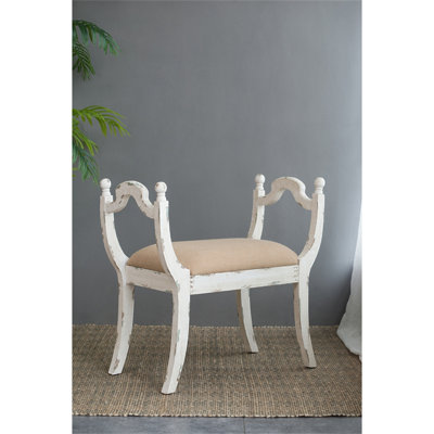 French Country Style Wood Frame Bench, Farmhouse Vanity Chair with Arms for Living Room