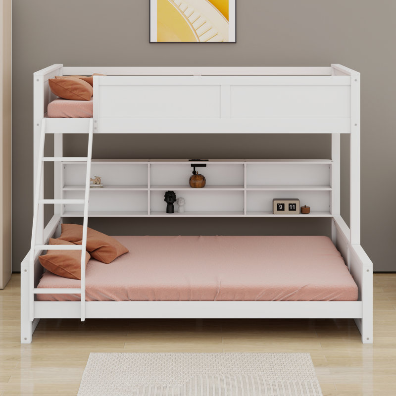 Pine Wood Bunk Bed With Storage Cabinets,Shelves, Ladder, Guardrails And Charging Station, Twin XL Over Queen, Antique White