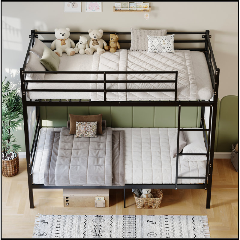 Lit superposé en métal robuste avec échelle, garde-corps hauts et rangement sous le lit, option divisée, sans bruit, taille simple sur simple, noir