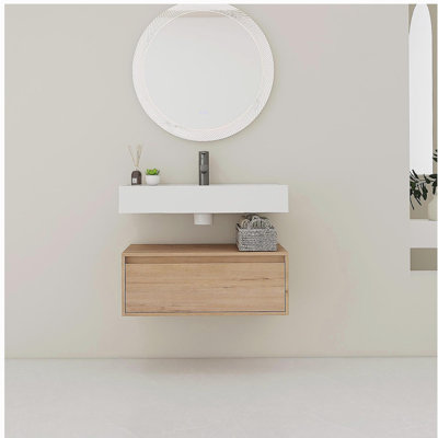 Meuble-lavabo mural 30 po avec lavabo en résine, tiroir et fixation à flotteur