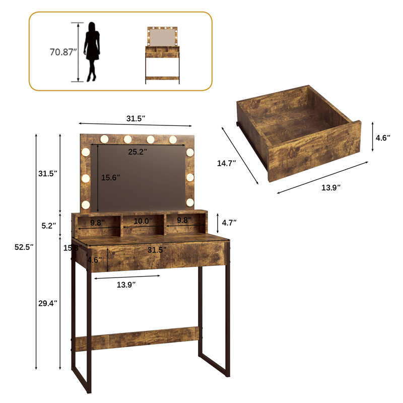 Bureau de coiffeuse élégant avec miroir et lumières - coiffeuse de maquillage spacieuse avec éclairage à DEL réglable, parfaite pour le rangement dans la chambre à coucher