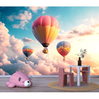 Papier peint montgolfières au-dessus des nuages - peinture murale ciel coucher de soleil pour chambre d'enfant, art mural ballon rêveur coloré pour chambre de bébé, décor de chambre à coucher