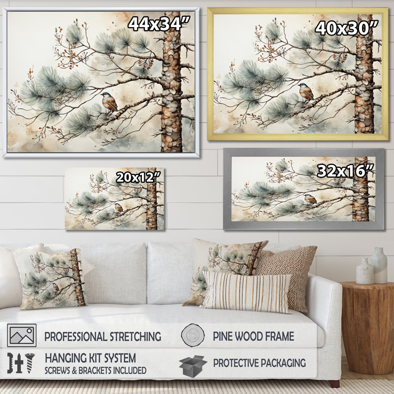 Décoration murale oiseau sur pin II, Cadre flottant blanc, H 24 po x l 32 po x P 1 po