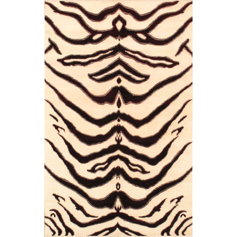Tapis beige / noir en laine noué à la main
