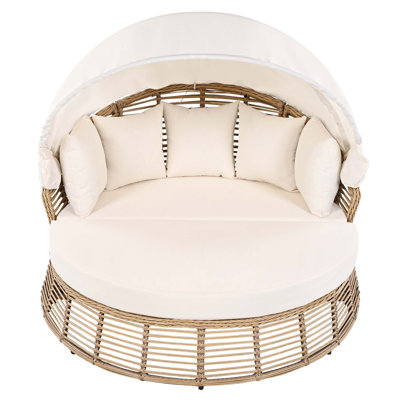 Round Outdoor Rattan Daybed With Adjustable Retractable Canopy, Removable Cushions, All-Weather Wicker Construction, And Multi-Configuration Seating For Patios, Poolsides, And Porches.