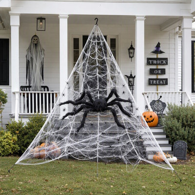 Décorations d'Halloween : Toile d'araignée géante, toile triangulaire de 5 m avec 20 petites araignées et une fausse araignée noire, décoration effrayante pour une fête d'Halloween à l'intérieur, à l'extérieur, dans un jardin, sur une véranda ou sur une pelouse.