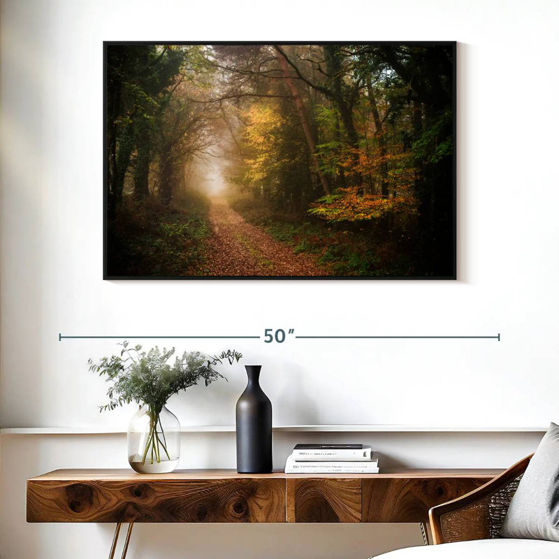 Chemin dans la forêt d'automne, Cadre flottant noir, 40 po x 27 po