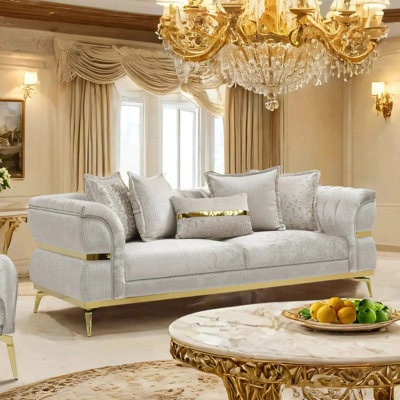 89.4" W Glam Sofa, Beige/Gold