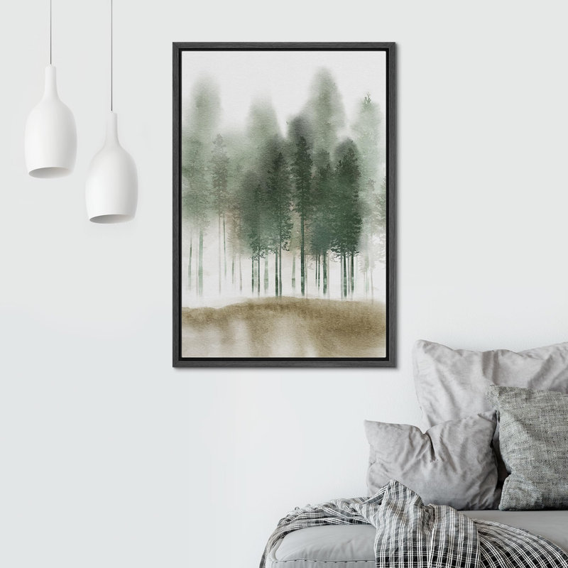 Paysage de forêt Woodland «Green Pastel Watercolor Tree Forest Nature» sur, Cadre flottant noir, H 36 po x l 24 po