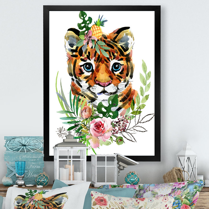 «Cute Tropical Tiger Portrait», reproduction d'art sur toile, H 20 po x l 12 po x P 1 po, Cadre photo noir
