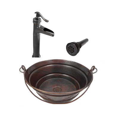 13" Rustic Copper Vessel Bucket Bath Sink With 13" Faucet & Drain