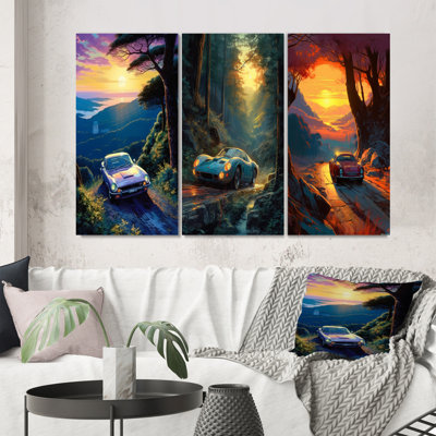 «Forest Drives In Classic Car», 3 pièces sur toile