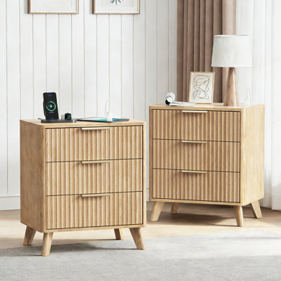 3-Drawer Fluted Wood Nightstand with Built-in Charging Station