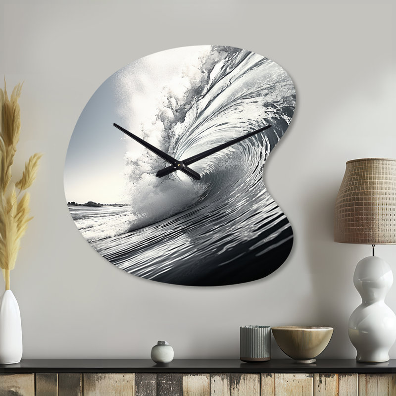 Horloge murale en forme de plage en noir et blanc avec impression asymétrique grise, Grand