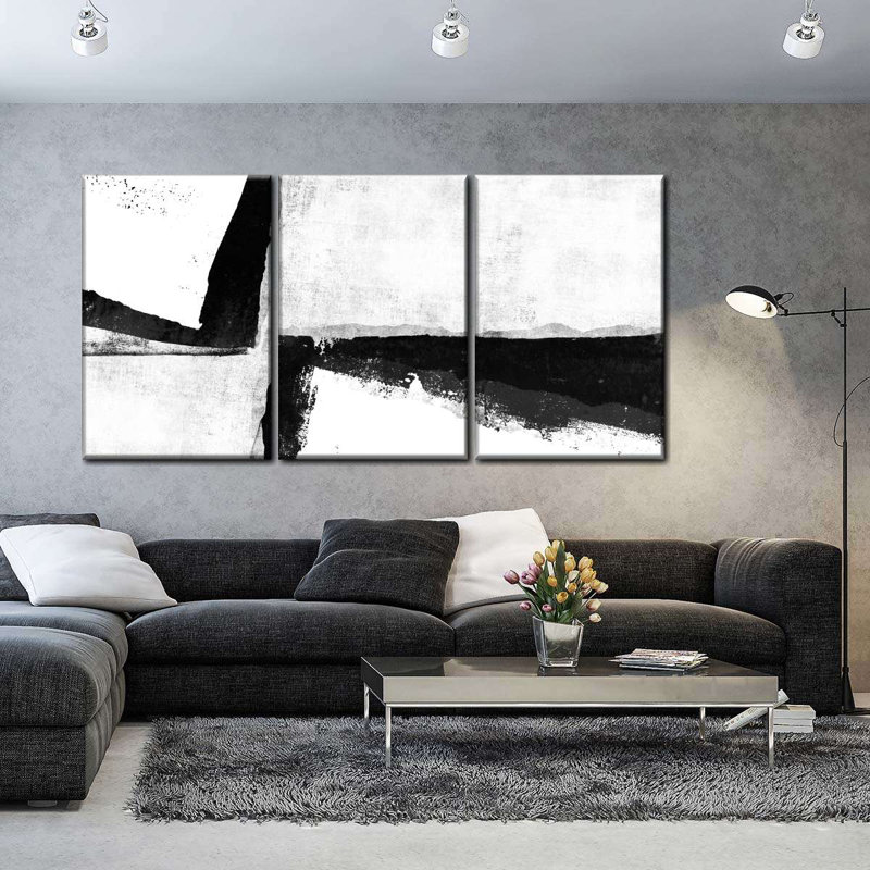 "Strokes And Lines", ensemble de 3 pièces abstraites sur toile par Daniel P, H 12 po x l 26 po x P 1 po
