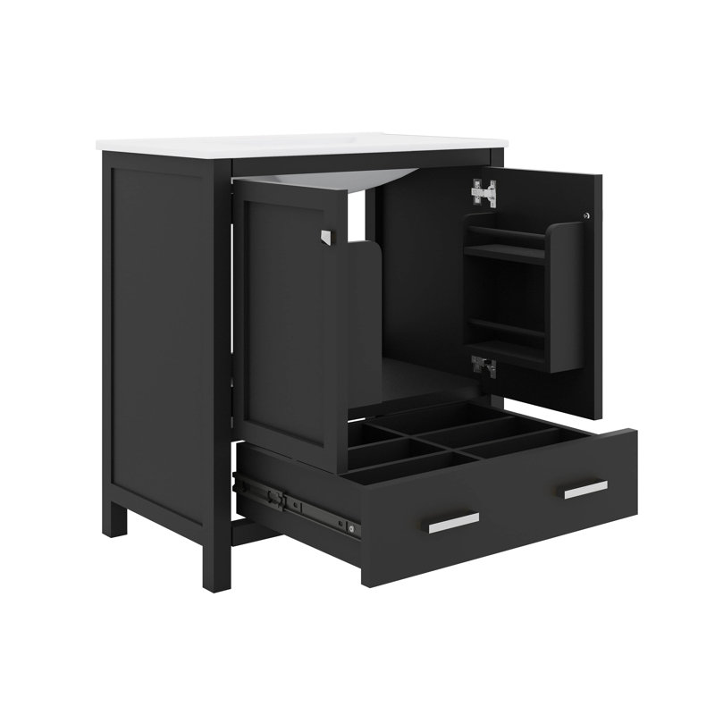 Meuble-lavabo de salle de bain à la mode avec 1 tiroir et tablette de porte double couche, Noir