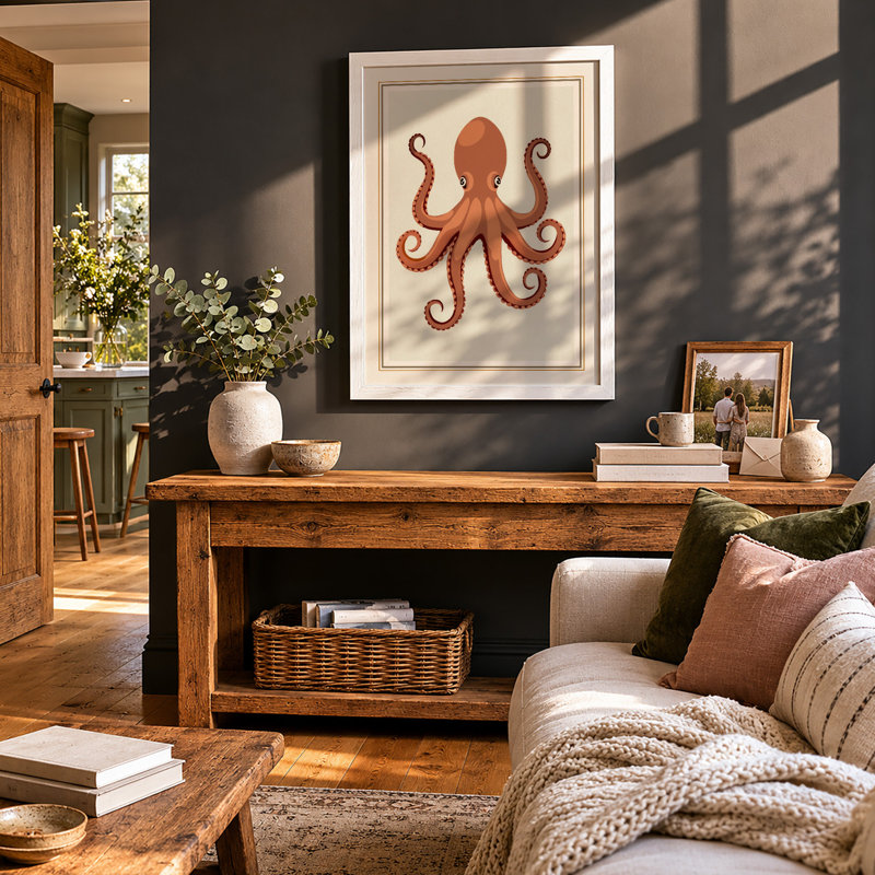 Terracotta Octopus Botanical - Framed Print, A4 - 29.7 x 21.0 cm, White