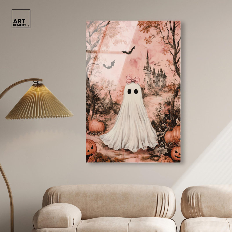Boo avec un arc, reproduction d'art d'Halloween par Art Remedy, prête à être suspendue, 30 x 45, H 45 po x l 30 po
