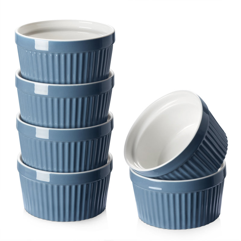 Ensemble de 6 oz 8 pièces Dowan Ensemble de ramequins cannelés en céramique, bleu cendré, Bleu