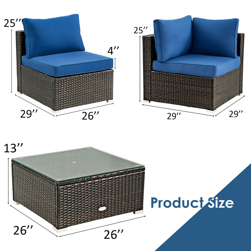 Ensemble de conversation modulaire en rotin 5 pièces avec coussins