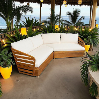 Canapé modulaire d'extérieur en bois d'acacia toutes saisons | Siège moderne moderne avec coussins résistants à l'eau et finition en teck