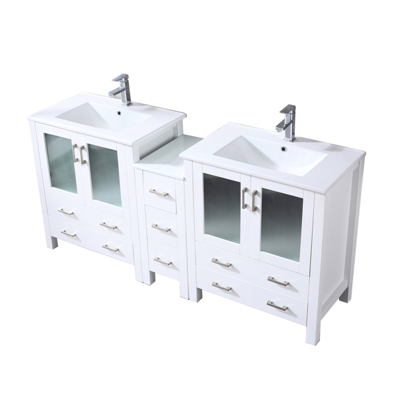 72 po Large meuble-lavabo double blanc avec armoire latérale, comptoir en céramique, robinet inclus, fonction de fermeture en douceur, deux armoires et sept tiroirs de rangement, comptoir Scratch, robinet à un trou
