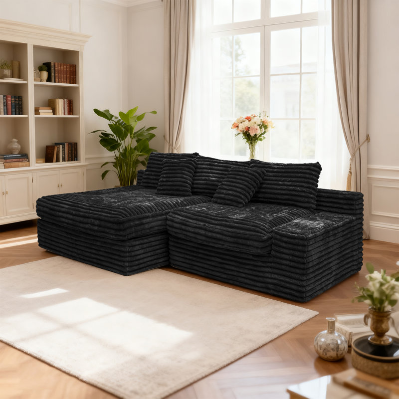 Modular Cloud Couch with Plush Corduroy Fabric and Wide Chaise, Black Corduroy, Left Hand Facing
