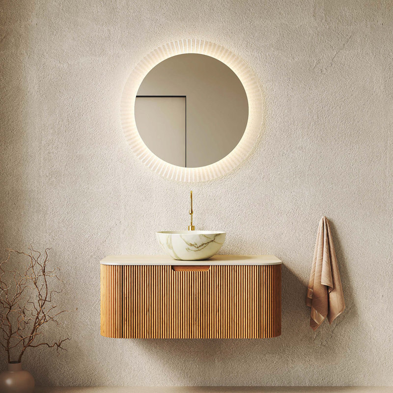 Meuble-lavabo flottant à rayures, Beige, blanc pierre, Bois naturel