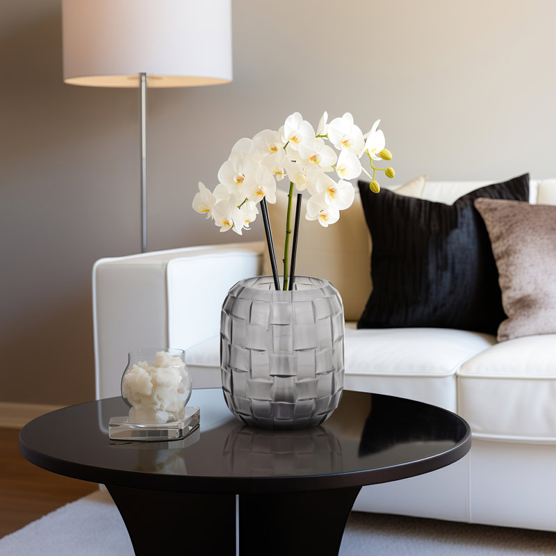 Decorative Round Glass Flower Vase with Textured Woven Pattern – Contemporary Home Decor Vase for Table and Entryway Styling – 6", Gray