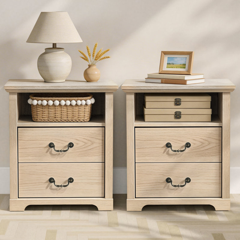 Ensemble de 2 tables de chevet 21,8 po, table de chevet moderne avec 2 tiroirs et tablettes ouvertes (ensemble de 2), Nature