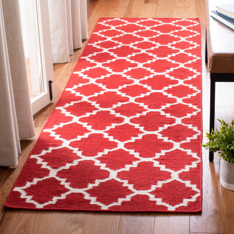 Rodgers Hand Woven Flat Weave Wool/Cotton Geometric Rug in Red/Ivory, Runner 2'6" x 12'