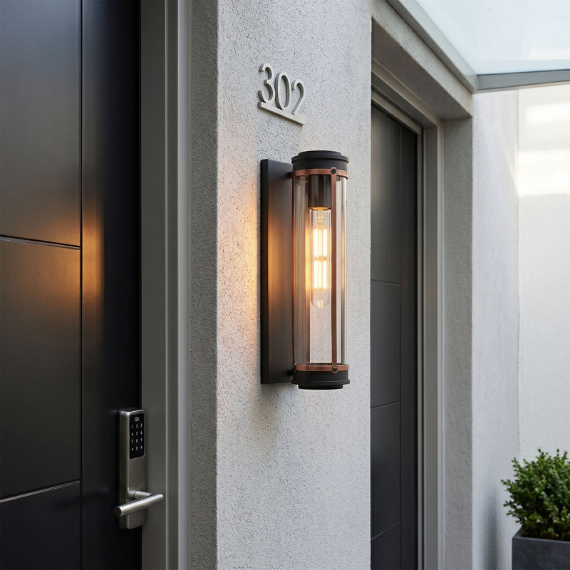 ALVIME 14.75" Modern Industrial Cylindrical Black and Antique Copper Outdoor Wall Sconce with Clear Glass