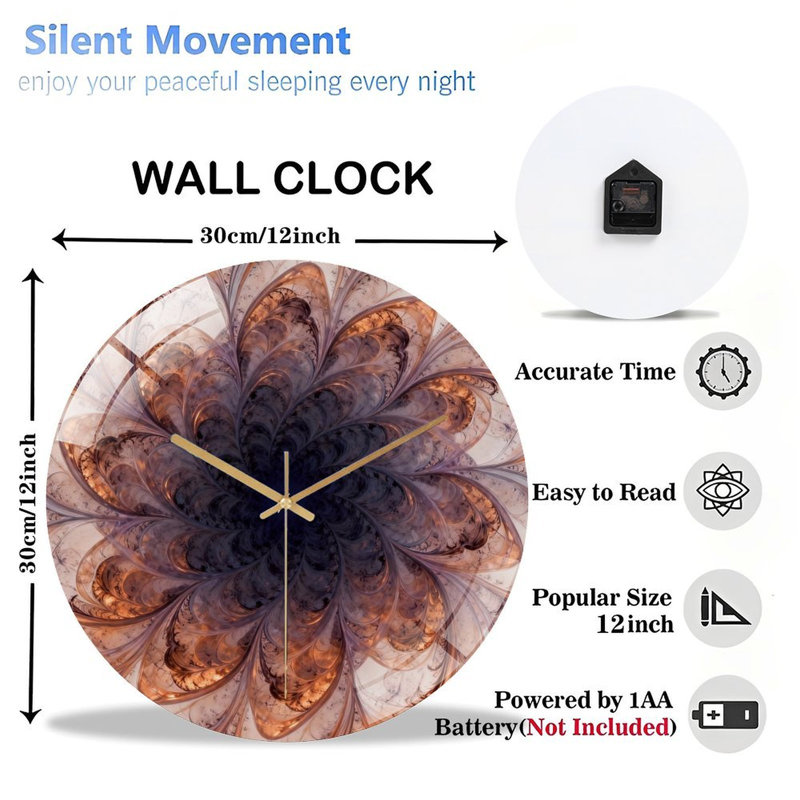 Horloge murale 12 po ronde en verre trempé avec mouvement à quartz silencieux, Mauve / gris / cuivre
