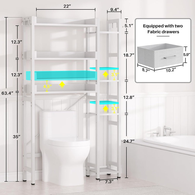 Over toilet storage rack with 2 drawers - 7 tier bathroom organizer for toilet, White