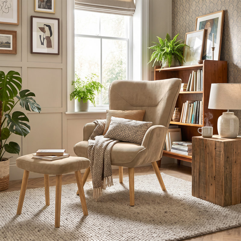 Upholstered With Footstool Armchair, Camel Corduroy