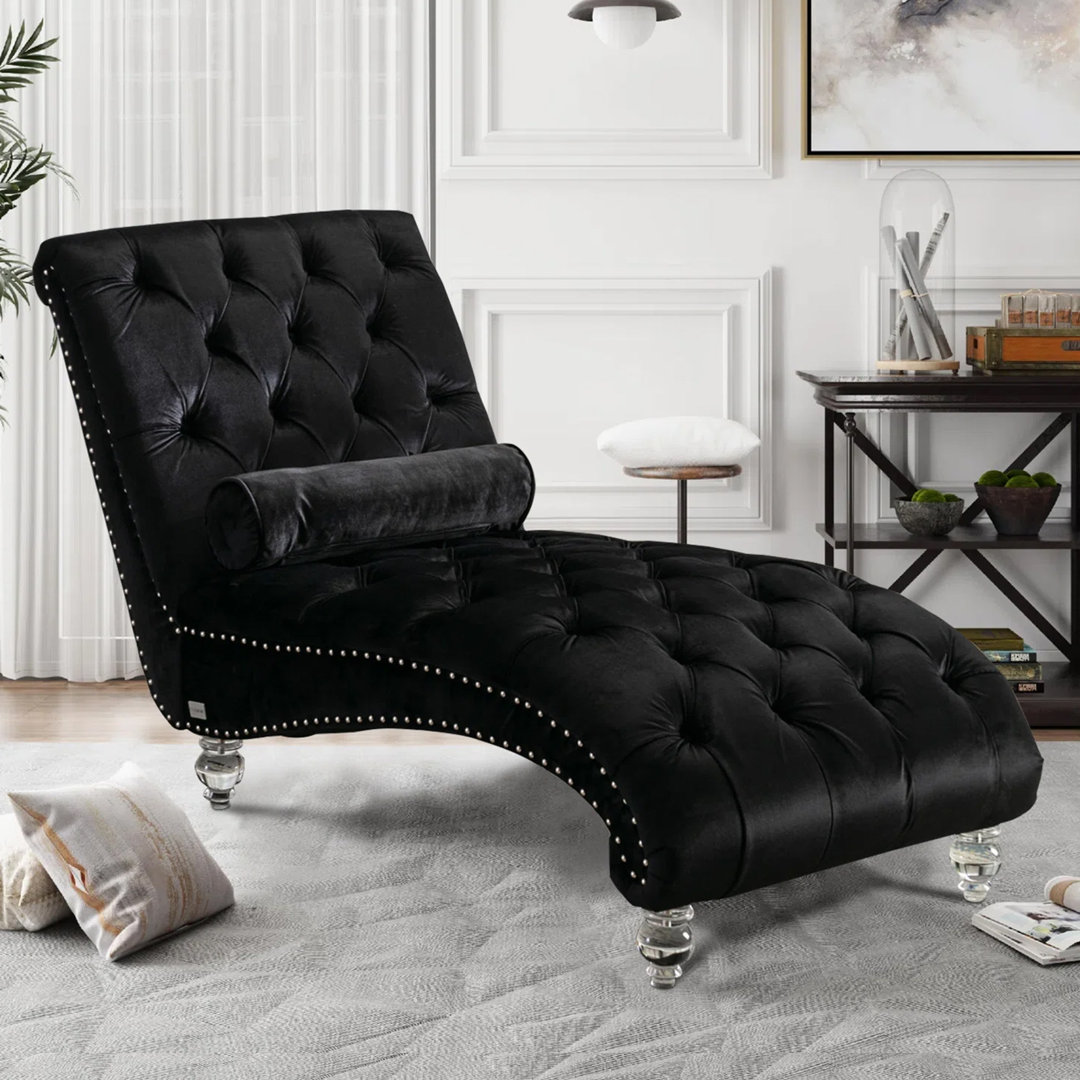 Danuta 29" Wide Armless Upholstered Tufted Chaise Lounge Chair with Lumbar Pillow and Nailhead Trim Rosdorf Park Body Fabric: Black Velvet