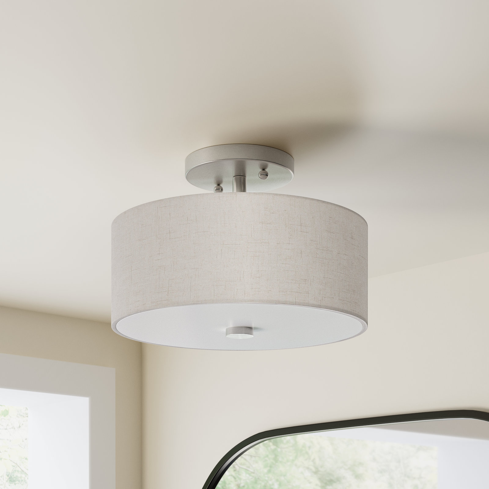 Flaire 2 Light Fabric Semi Flush Mount, Brushed Nickel, 7.5" H x 13" W x 13" D
