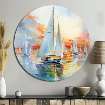 Miminimlaism Watercolor Regatta II - Transportation Round Metal Art
