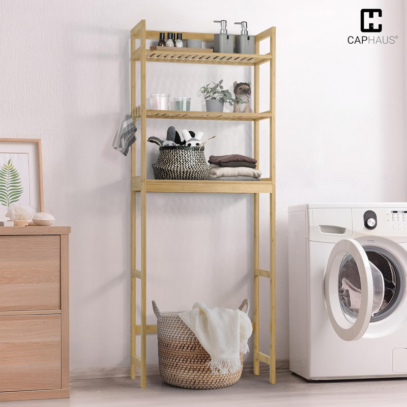 24-Inch Bamboo Over The Toilet Storage with Hooks & Adjustable Bottom Bar, Multiple Options, Natural