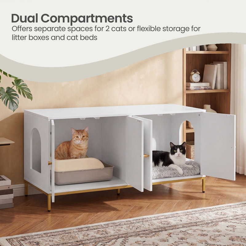 Double Litter Box Enclosure, Hidden Cat House with Scratching Mat, Modern Side Table, Tall Leg