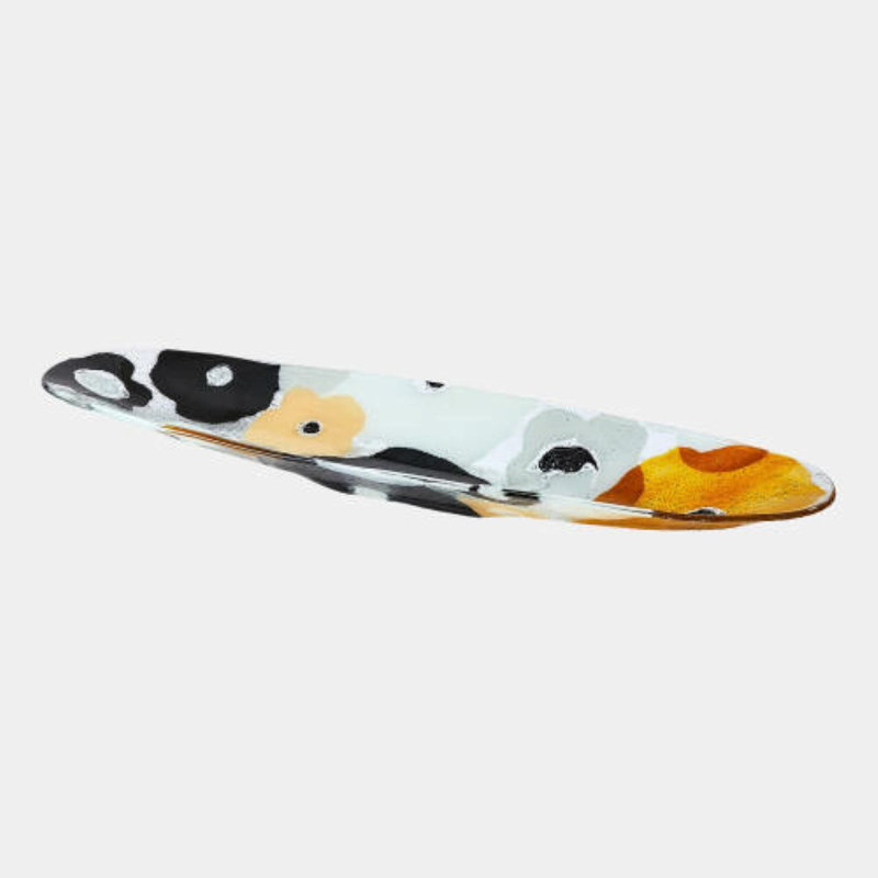 Fused Floral Glass Decorative Bowl, White/Black/Orange