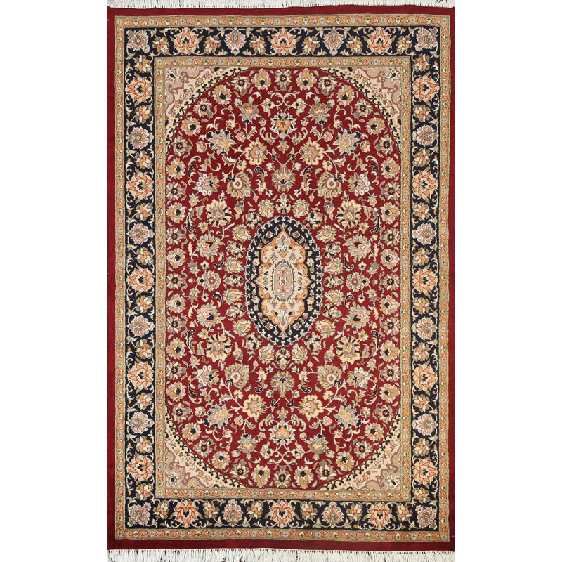 Tapis rouge noué à la main de conception unique 4 pi 1 po x 6 pi 2 po New Age