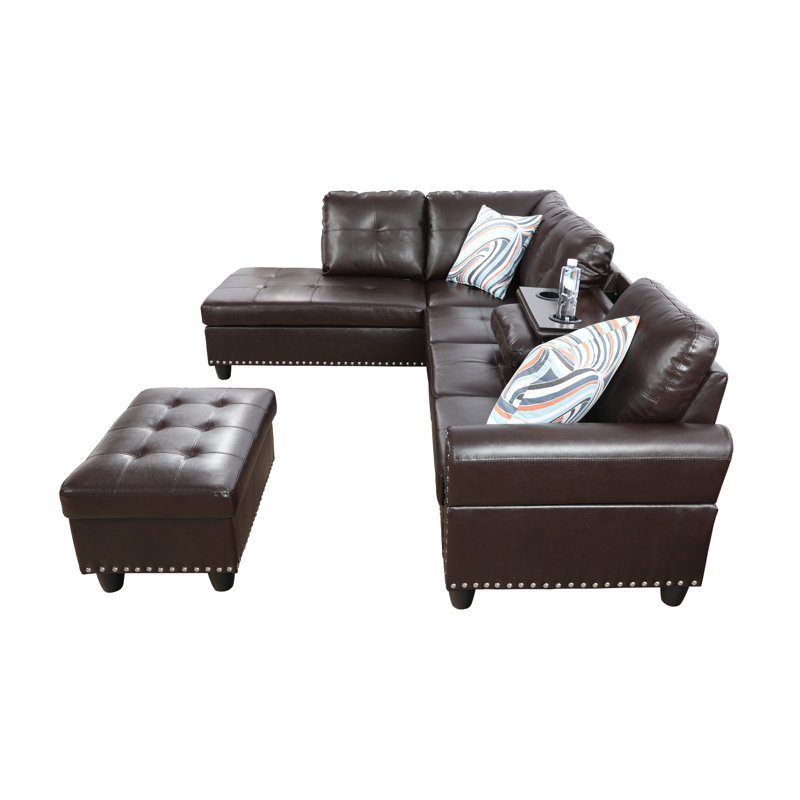 Scherer Faux Leather L-Shaped Sectional Left Hand Facing, Brown Faux Leather